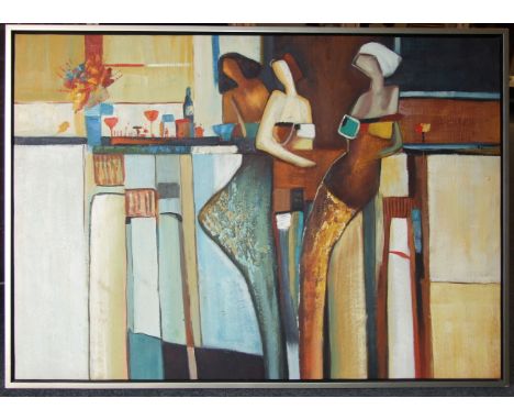 R H Young (20th century) FIGURES AT A BAR, unsigned acrylic on canvas, 70 x 100cm.