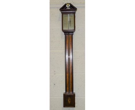 A 19th century inlaid mahogany stick barometer with architectural top, the rectangular silvered dial with weather notations, 