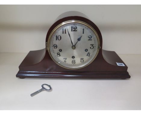 A mahogany cased mantle clock, Westminster chimes, running, case good 