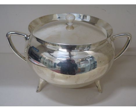 A Henry Wilkinson and Co silver plated Christpher dresser style cauldron shaped lidded tureen, 19cm tall x 31cm wide, number 