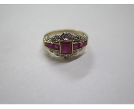 A 9ct yellow gold Art Deco style ruby and diamond ring, ring size L 1/2 , in good condition 