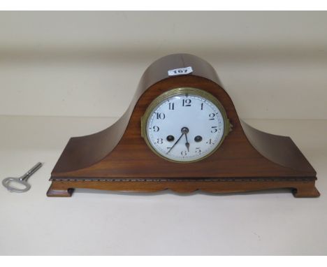 A mahogany cased mantle clock, 8 day, chips to dial but running 