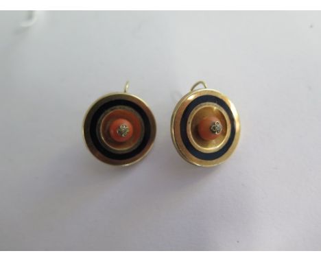 A pair of 9ct yellow gold enamel, coral and diamond earrings, approx 5.2 grams, 20mm wide, some wear to backs otherwise good 