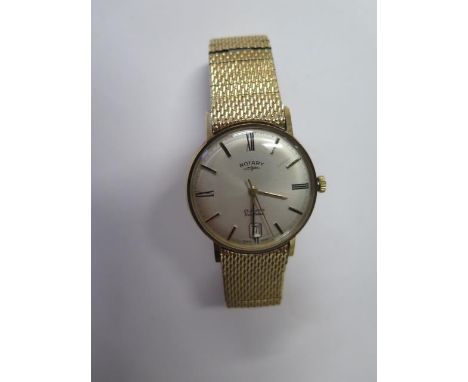 A gents 9ct gold manual Rotary date watch on expanding plated bracelet, approx 48 grams, 34mm case, running, hands and date a