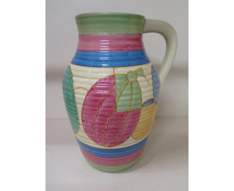 A Clarice Cliff Pastel Melon Fantasque Bizarre single handle lotus jug, 29cm tall, with Lawleys stamp, in good condition 