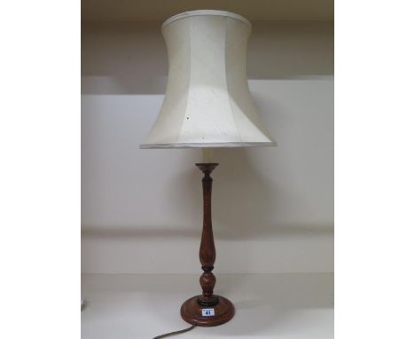 An elegant burr wood effect table lamp, 74cm tall, with Dupion silk shade, in working order 