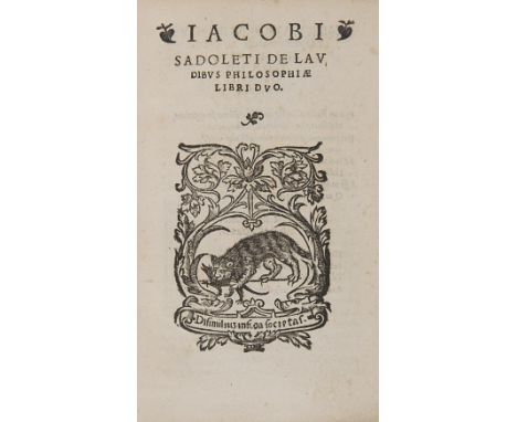   Sadoleto, Jacopo. De laudibus philosophiae libri duo. Venezia, Melchiorre Sessa e Bernardino Bindoni, 1539.  In 8° (155 x 1