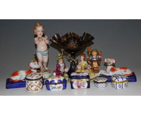 Mixed lot to include carnival glass footed dish, pair Staffordshire style recumbent hounds, Hummel figure, modern china patch