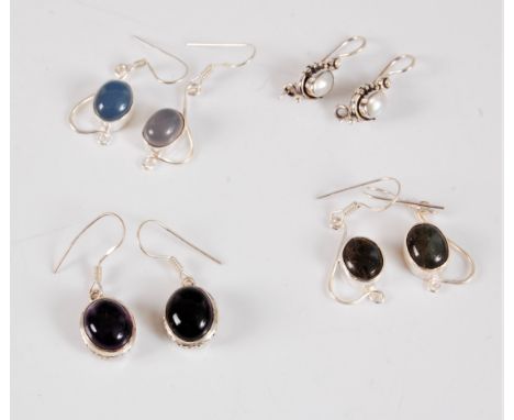Four pairs of silver and gemset earrings, to include a pair of labradorite cabochons, a pair of amethyst cabochons, a pair of