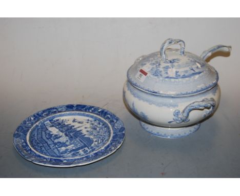 A Victorian blue and white transfer decorated soup tureen and ladle (breaks to handles of both); together with a Victorian bl
