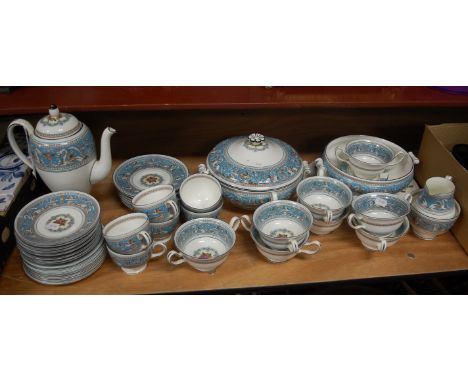 A Wedgwood Florentine (W2714) part dinner, tea and coffee service. One soup bowl is broken.Another soup bowl both handles off