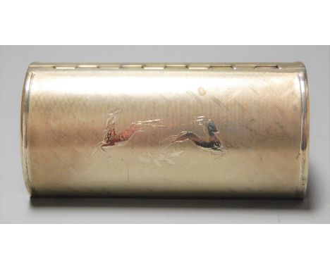 A modern silver pocket snuff box of cylindrical oval form having engine turned decoration engraved with two fawns