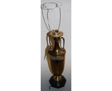 A large brass table lamp, in the form of a slender twin handled urn, on stepped plinth base, h.47cm (excluding fittings)