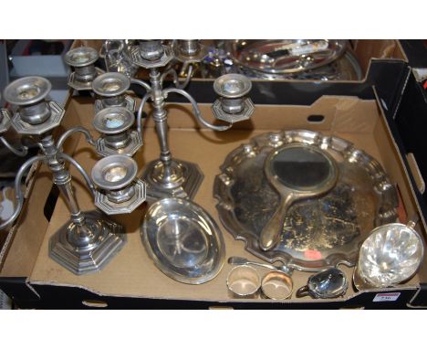 A silver dressing table mirror together with a silver napkin ring, one other, and a quantity of plated wares to include a pai