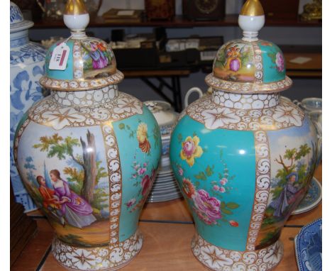 A pair of late 19th century Dresden porcelain vases and covers, each panel decorated with alternating reserves of courtship s