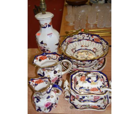 A collection of Mason's ironstone tablewares in the Mandalay pattern, to include table lamp, hydra jug, tureen and cover with