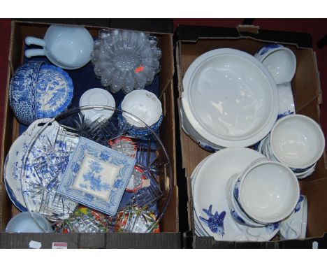 Four boxes of miscellaneous china and glass, to include cut glass jugs, Spode Blue Colonel tureen and cover, Bohemian style o