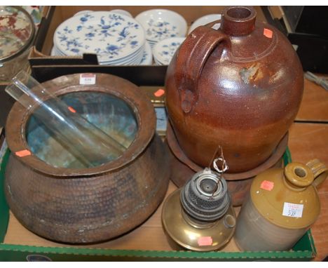 Mixed lot, to include stoneware flagons, hammered copper jardinière, lacquered brass carriage clock etc