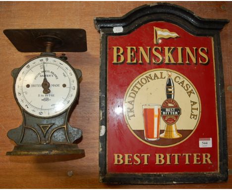 An enamel advertising sign for Benskins Best Bitter, 37 x 26cm, in painted metal surround; together with a Salter's postal sc