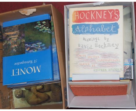 Two boxes of art related titles, to include Damien Hirst and David Hockney. To include; Celebrating Moore, Monet – A Retrospe