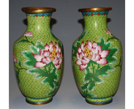 A pair of modern Japanese cloisonne enamel green ground vases, height 23cm