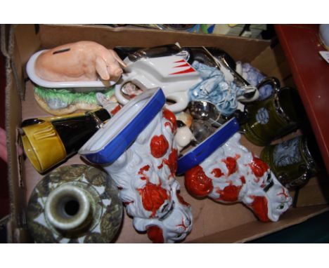 A box of miscellaneous items, to include Border Fine Arts James Herriott's Country Kitchen hogwash money-bank, reproduction S