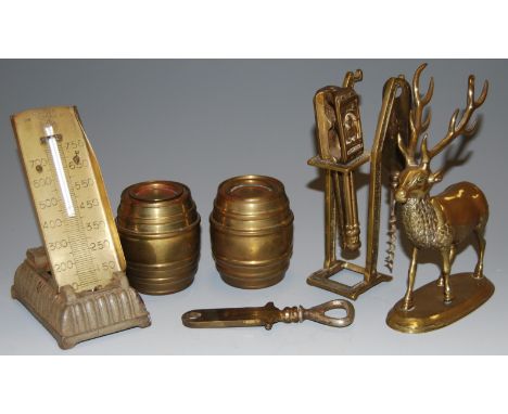 Assorted metal wares to include brass thermometer, barrel shaped money boxes etc