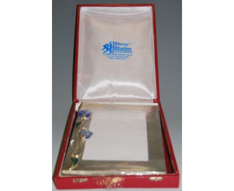 A modern boxed white metal and enamel set easel photograph frame, 20x15cm