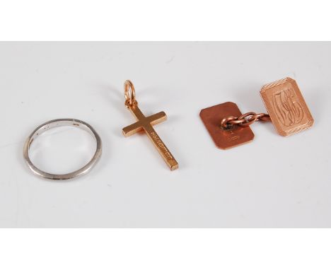 A plain platinum wedding band, size J-K, (2.4g), together with a 9ct cross pendant and a single 9ct cufflink ((3.2g), (3)