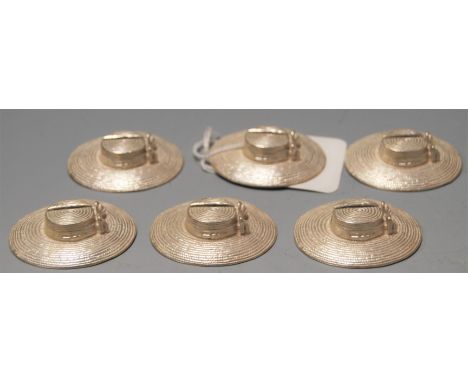 A set of six contemporary silver menu stands, each modelled as a ladies straw hat with decorative bow