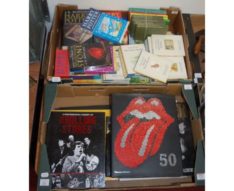 Two boxes of assorted volumes, to include Beatrix Potter, Harry Potter, Rolling Stones and Beatles interest etc