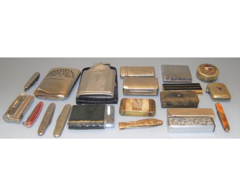 A collection of pocket cigarette lighters, pocket knives, snuff box, vesta etc