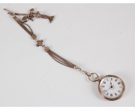 A lady's Swiss silver pocket watch, the white enamel dial with black Roman numerals with polychrome floral motif, black Roman