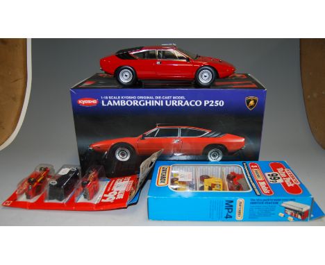 A 1-18 scale Kyosho original diecast model of a Lamborghini Urraco P250; together with six Matchbox models from the Tesco val