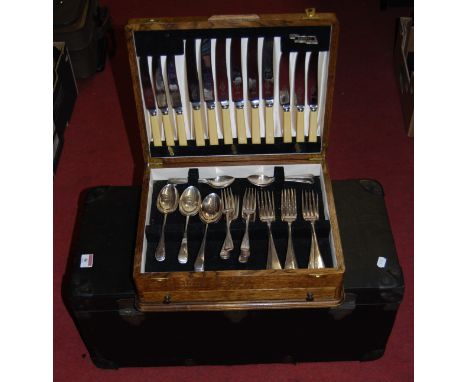 A small carved camphor wood box; together with an oak canteen case; and a trunk (3)