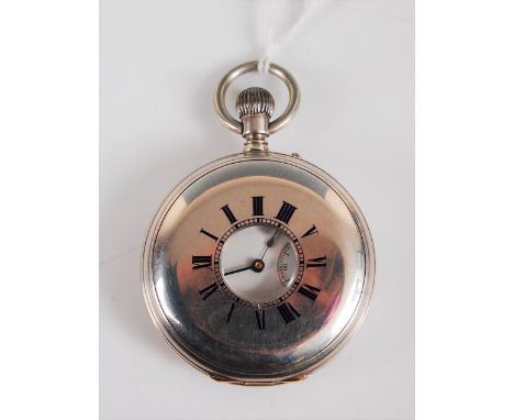 A silver half hunter, the white dial with Roman numerals, minute markers and subsidiary seconds, with outer case with blue Ro