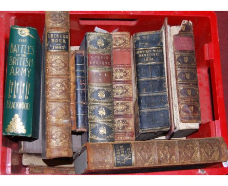 A box of miscellaneous 19th century and later leather bindings, to include London Society An Illustrated Magazine, Light &amp