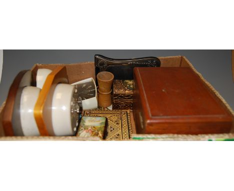 A box of miscellaneous items to include faux tortoiseshell and printed pocket cigarette case, various travel clocks, lacquere