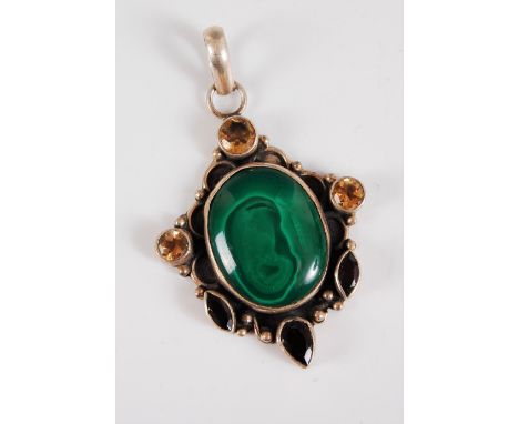 A silver and gemset pendant, the central malachite cabochon, surrounded by three round citrines to the upper half and three p