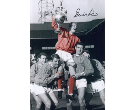 Football Autographed Denis Law 12 X 8 Photo Depicting A Wonderful Image Showing Manchester United David Herd And Bill Foulkes