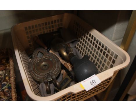 A box containing an old car horn; Rolls razor; a brass oil lamp etc.