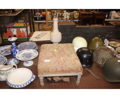 A small 19th Century wooden framed stool; together with a table lamp base
