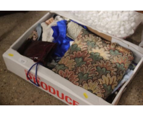 A box of various textiles etc