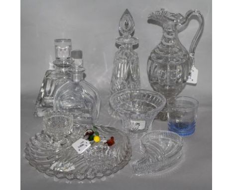 A Baccarat cut crystal bowl, 6 glass cocktail sticks, an Orrefors decanter, two other decanters, a claret jug (a.f) and 5 oth