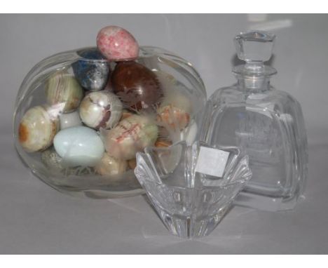 A Bohemian art cut glass vase, etched with stags, a glass decanter 'Charter Centenary' and an Orrefors glass bowl (3)