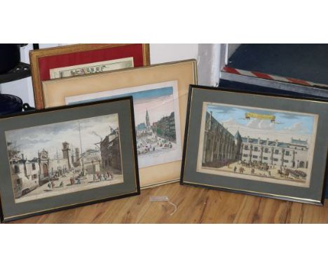Two 18th century engravings, Palace of Falkland and Great Arsenal at Venice, approx. 26 x 40cm and two later reprints