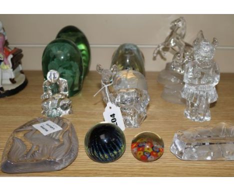 Two Stourbridge green glass air bubble dumps, three paperweights and a collection of glass and ceramic animals