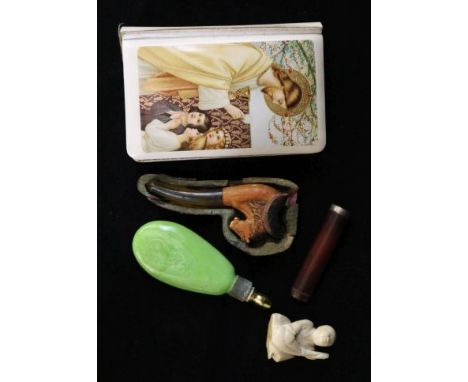 A small meerschaum pipe, scent bottle etc