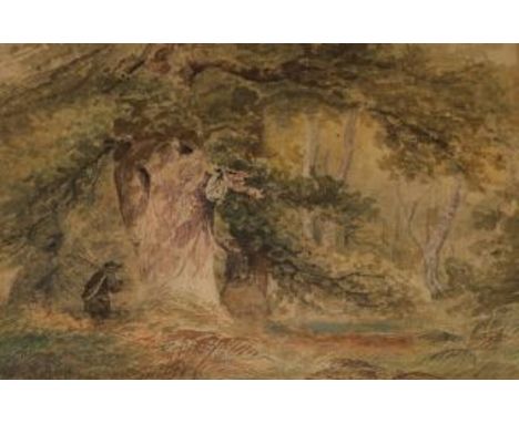 Alfred de Breanski, watercolour, Boatman on a lake, a seascape by Hector McKinley and a woodland scene, largest 24 x 35cm