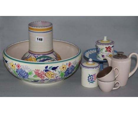 A Poole vase, a bowl, jam pots and a teawares